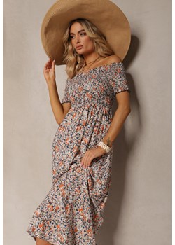 Granatowo-Pomarańczowa Długa Sukienka Bawełniana Hiszpanka w Kwiatowy Wzór Nrosa ze sklepu Renee odzież w kategorii Sukienki - zdjęcie 170973072
