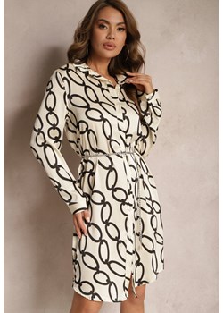 Jasnobeżowa Satynowa Sukienka Koszulowa w Geometryczny Print z Łańcuszkiem w Miejscu Paska Pastar ze sklepu Renee odzież w kategorii Sukienki - zdjęcie 170973222
