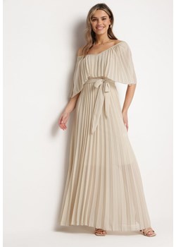 Beżowa Sukienka Plisowana z Szeroką Falbaną Przy Dekolcie Dinara ze sklepu Born2be Odzież w kategorii Sukienki - zdjęcie 170982743