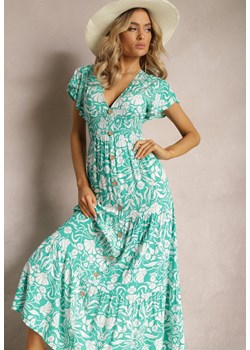 Miętowa Maxi Sukienka Rozkloszowana z Kopertowym Dekoltem w Kwiatowy Wzór Leivori ze sklepu Renee odzież w kategorii Sukienki - zdjęcie 170983240