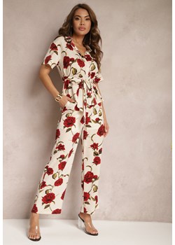 Beżowo-Bordowe Szerokie Spodnie w Kwiatowy Print z Kieszonkami Pomgranata ze sklepu Renee odzież w kategorii Spodnie damskie - zdjęcie 170983330