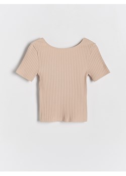 Reserved - Prążkowany t-shirt - beżowy ze sklepu Reserved w kategorii Bluzki dziewczęce - zdjęcie 171148573