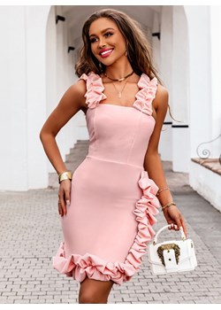 Pudrowa sukienka na ramiączkach z ozdobnymi falbankami Batiaa - pudrowy ze sklepu pakuten.pl w kategorii Sukienki - zdjęcie 171155794