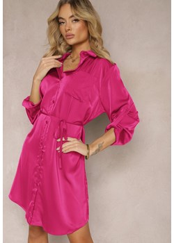 Fioletowa Satynowa Sukienka Mini Koszulowa z Materiałowym Paskiem Gwineres ze sklepu Renee odzież w kategorii Sukienki - zdjęcie 171166170