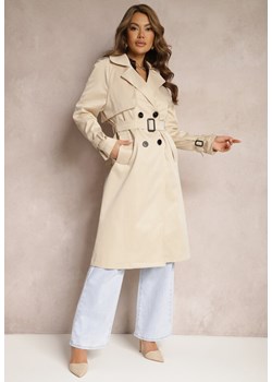 Beżowy Długi Płaszcz Trencz Dwurzędowy z Paskiem w Komplecie Sabila ze sklepu Renee odzież w kategorii Płaszcze damskie - zdjęcie 171166224