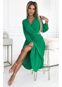 Plisowana sukienka midi z długim rękawkiem zielona Viviana 504-4, Kolor zielony, Rozmiar one size, NUMOCO BASIC ze sklepu Primodo w kategorii Sukienki - zdjęcie 171178410