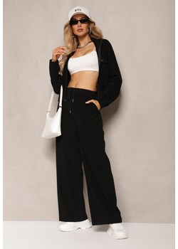 Czarne Szerokie Spodnie o Prążkowanym Kroju z Gumką w Pasie  Jovulla ze sklepu Renee odzież w kategorii Spodnie damskie - zdjęcie 171191802