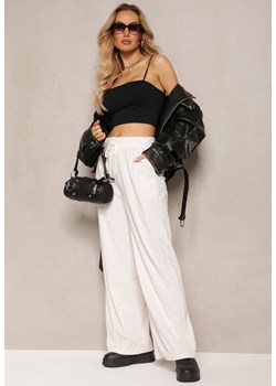 Białe Szerokie Spodnie o Prążkowanym Kroju z Gumką w Pasie  Jovulla ze sklepu Renee odzież w kategorii Spodnie damskie - zdjęcie 171199770