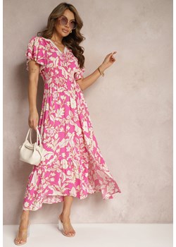 Różowa Sukienka z Wiskozy z Krótkim Rękawem Wiązana z Przodu Marszczona w Pasie Tessam ze sklepu Renee odzież w kategorii Sukienki - zdjęcie 171199870