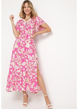 Różowa Wiskozowa Rozkloszowana Sukienka z Ozdobnym Wiązaniem i Koronkową Tasiemką z Gumką w Pasie Lalmarie ze sklepu Born2be Odzież w kategorii Sukienki - zdjęcie 171200263