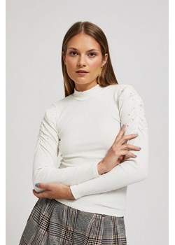 Perłowa prążkowana bluzka z bufistaymi rękawami i półgolfem ze sklepu 5.10.15 w kategorii Bluzki damskie - zdjęcie 171203832