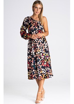 Sukienka damska midi na jedno ramię w kwiaty M961/122, Kolor czarny-wzór, Rozmiar L, Figl ze sklepu Primodo w kategorii Sukienki - zdjęcie 171209053