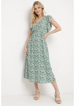 Zielona Sukienka Bawełniana z Gumką w Talii i Mozaikowym Wzorem Indaria ze sklepu Born2be Odzież w kategorii Sukienki - zdjęcie 171224510
