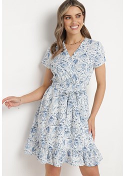 Niebieska Krótka Sukienka z Paskiem i Gumką w Pasie i Kopertowym Dekoltem Starice ze sklepu Born2be Odzież w kategorii Sukienki - zdjęcie 171224784