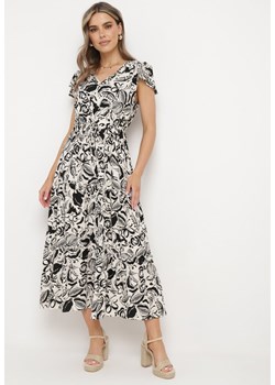 Beżowo-Czarna Sukienka z Wiskozy z Krótkim Rękawem i Ściągaczami w Talii Keneli ze sklepu Born2be Odzież w kategorii Sukienki - zdjęcie 171225023