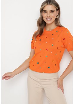 Pomarańczowy Wiskozowy T-shirt Ozdobiony Cyrkoniami Nililena ze sklepu Born2be Odzież w kategorii Bluzki damskie - zdjęcie 171229661