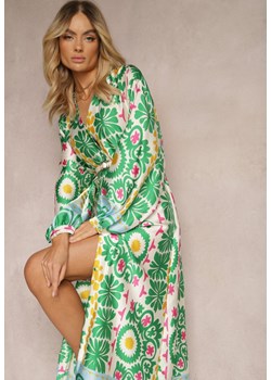 Zielona Pudełkowa Sukienka z Satynowej Tkaniny w Ornamentalny Wzór Allilena ze sklepu Renee odzież w kategorii Sukienki - zdjęcie 171232532