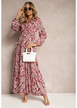 Czerwona Sukienka o Rozkloszowanym Kroju ze Ściągaczem w Talii i Trójkątnym Dekoltem z Guzikami Niamarie ze sklepu Renee odzież w kategorii Sukienki - zdjęcie 171232552