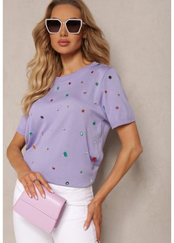 Fioletowy T-shirt z Wiskozy z Cyrkoniami Olililena ze sklepu Renee odzież w kategorii Bluzki damskie - zdjęcie 171232722