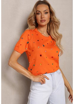 Pomarańczowy T-shirt z Wiskozy z Cyrkoniami Olililena ze sklepu Renee odzież w kategorii Bluzki damskie - zdjęcie 171232732