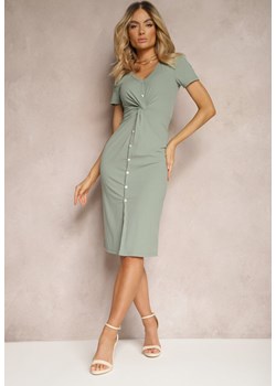 Jasnozielona Sukienka z Guzikami i Drapowaniem o Rozkloszowanym Fasonie Xivitellia ze sklepu Renee odzież w kategorii Sukienki - zdjęcie 171232780
