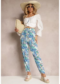 Biało-Niebieskie Wiskozowe Spodnie High Wiast z Florystycznym Wzorem Ctella ze sklepu Renee odzież w kategorii Spodnie damskie - zdjęcie 171232910