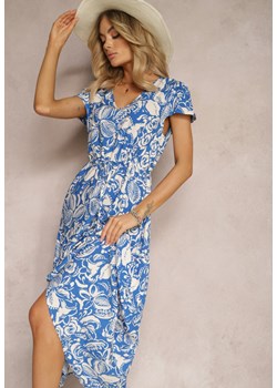 Niebiesko-Biała Wiskozowa Sukienka ze Ściągaczami w Pasie z Dekoltem w Szpic Quneli ze sklepu Renee odzież w kategorii Sukienki - zdjęcie 171232990
