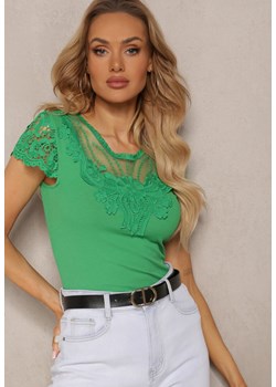 Zielony T-shirt z Koronkową Wstawką na Rękawach i Dekolcie Emililena ze sklepu Renee odzież w kategorii Bluzki damskie - zdjęcie 171233030
