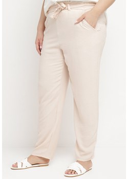 Jasnobeżowe Spodnie Regular Wiązane w Pasie w stylu Paperbag Tamburia ze sklepu Born2be Odzież w kategorii Spodnie damskie - zdjęcie 171233210