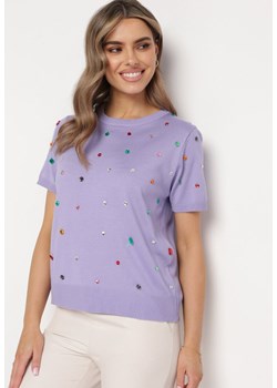 Fioletowy Wiskozowy T-shirt Ozdobiony Cyrkoniami Nililena ze sklepu Born2be Odzież w kategorii Bluzki damskie - zdjęcie 171233303