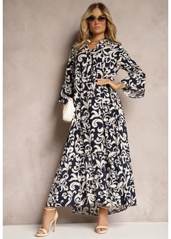 Granatowa Rozkloszowana Sukienka z Wiskozy w Ornamentalny Wzór Irlilena ze sklepu Renee odzież w kategorii Sukienki - zdjęcie 171258610