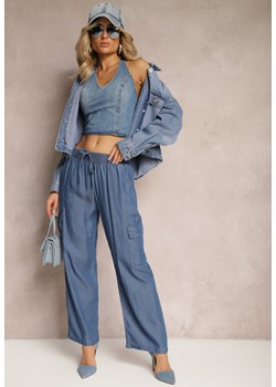 Niebieskie Szerokie Spodnie z Bawełny z Kieszeniami Cargo i Gumką w Pasie Dantellia ze sklepu Renee odzież w kategorii Spodnie damskie - zdjęcie 171258624