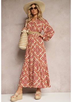 Bordowa Wiskozowa Sukienka o Rozkloszowanym Kroju z Falbanką i Guzikami Orines ze sklepu Renee odzież w kategorii Sukienki - zdjęcie 171258714