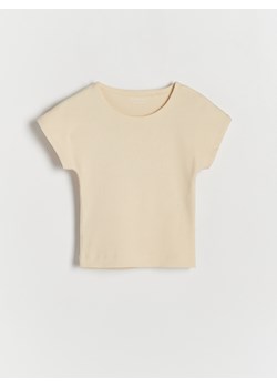 Reserved - Prążkowany t-shirt - kremowy ze sklepu Reserved w kategorii Bluzki dziewczęce - zdjęcie 171259852