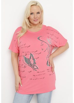 Różowy T-shirt Ozdobiony Cyrkoniami i Nadrukiem Wallilena ze sklepu Born2be Odzież w kategorii Bluzki damskie - zdjęcie 171267624