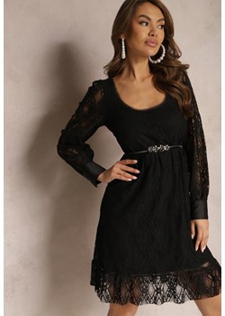 Czarna Rozkloszowana Sukienka Pokryta Koronką z Głębokim Dekoltem Halanna ze sklepu Renee odzież w kategorii Sukienki - zdjęcie 171271524