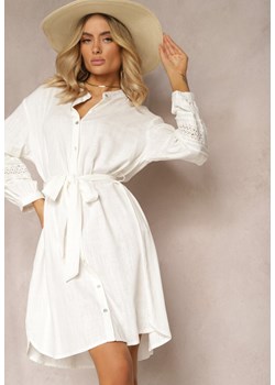 Biała Sukienka Koszula z Haftowanym Rękawem Wiązana w Pasie Passacalia ze sklepu Renee odzież w kategorii Sukienki - zdjęcie 171271644