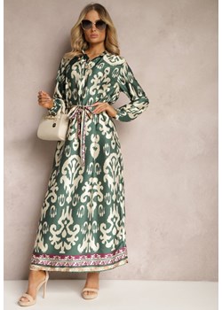 Zielona Pudełkowa Sukienka Satynowa z Paskiem w Talii w Ornamentalny Print Tarosa ze sklepu Renee odzież w kategorii Sukienki - zdjęcie 171271654
