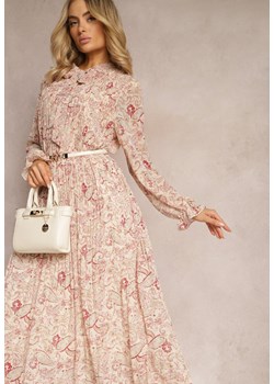 Jasnobeżowa Rozkloszowana Sukienka z Wiązaniem przy Szyi w Print Paisley Clarosa ze sklepu Renee odzież w kategorii Sukienki - zdjęcie 171271674