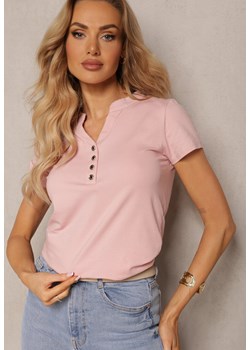 Różowy Bawełniany T-shirt z Guzikami przy Dekolcie  Wialina ze sklepu Renee odzież w kategorii Bluzki damskie - zdjęcie 171272382