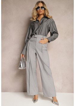 Jasnoszare Eleganckie Spodnie High Waist z Prostymi Nogawkami i Ozdobnymi Przeszyciami Uines ze sklepu Renee odzież w kategorii Spodnie damskie - zdjęcie 171272452