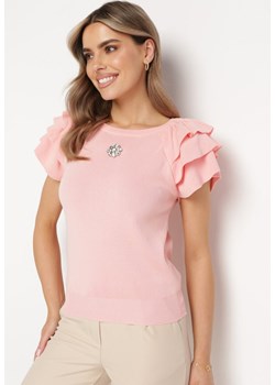 Różowa Bluzka z Falbankowymi Rękawami i Broszką z Cyrkonii Julietts ze sklepu Born2be Odzież w kategorii Bluzki damskie - zdjęcie 171272883