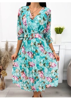 Miętowa Plisowana Sukienka w Kwiaty ze sklepu ModnaKiecka.pl w kategorii Sukienki - zdjęcie 171280213