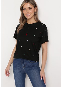 Czarny T-shirt Ozdobiony Kolorowymi Cyrkoniami Wiadea ze sklepu Born2be Odzież w kategorii Bluzki damskie - zdjęcie 171326654