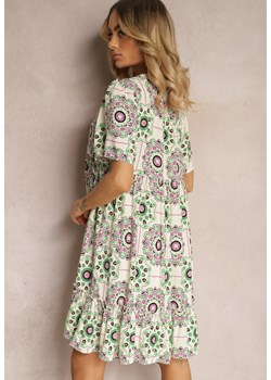 Zielono-Beżowa Sukienka z Wiskozowej Tkaniny w Mozaikowy Wzór Boho Naviera ze sklepu Renee odzież w kategorii Sukienki - zdjęcie 171327761