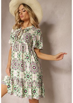 Zielono-Beżowa Sukienka z Wiskozowej Tkaniny w Mozaikowy Wzór Boho Naviera ze sklepu Renee odzież w kategorii Sukienki - zdjęcie 171327764