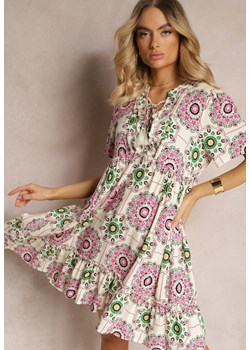 Różowo-Beżowa Sukienka z Wiskozowej Tkaniny w Mozaikowy Wzór Boho Naviera ze sklepu Renee odzież w kategorii Sukienki - zdjęcie 171327774
