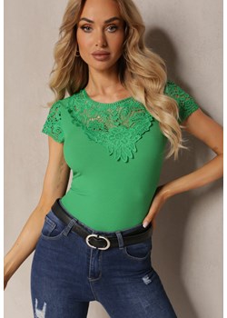 Zielona Bluzka z Koronką Przy Dekolcie i Krótkich Rękawach Mallilena ze sklepu Renee odzież w kategorii Bluzki damskie - zdjęcie 171327884
