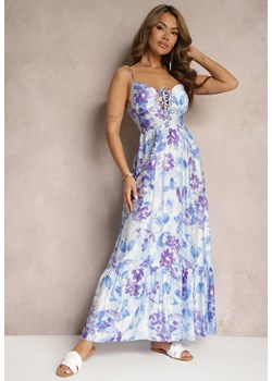 Niebieska Sukienka o Rozkloszowanym Fasonie w Kwiaty z Bawełny i Wiskozy Ozdobiona Wiązaniem na Dekolcie Nasima ze sklepu Renee odzież w kategorii Sukienki - zdjęcie 171349960