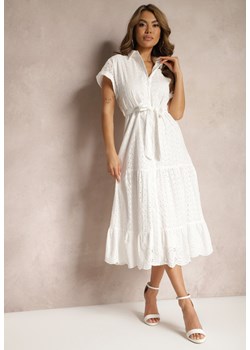 Biała Koszulowa Sukienka z Ażurowej Bawełny Wiązana w Talii Lulilena ze sklepu Renee odzież w kategorii Sukienki - zdjęcie 171349964